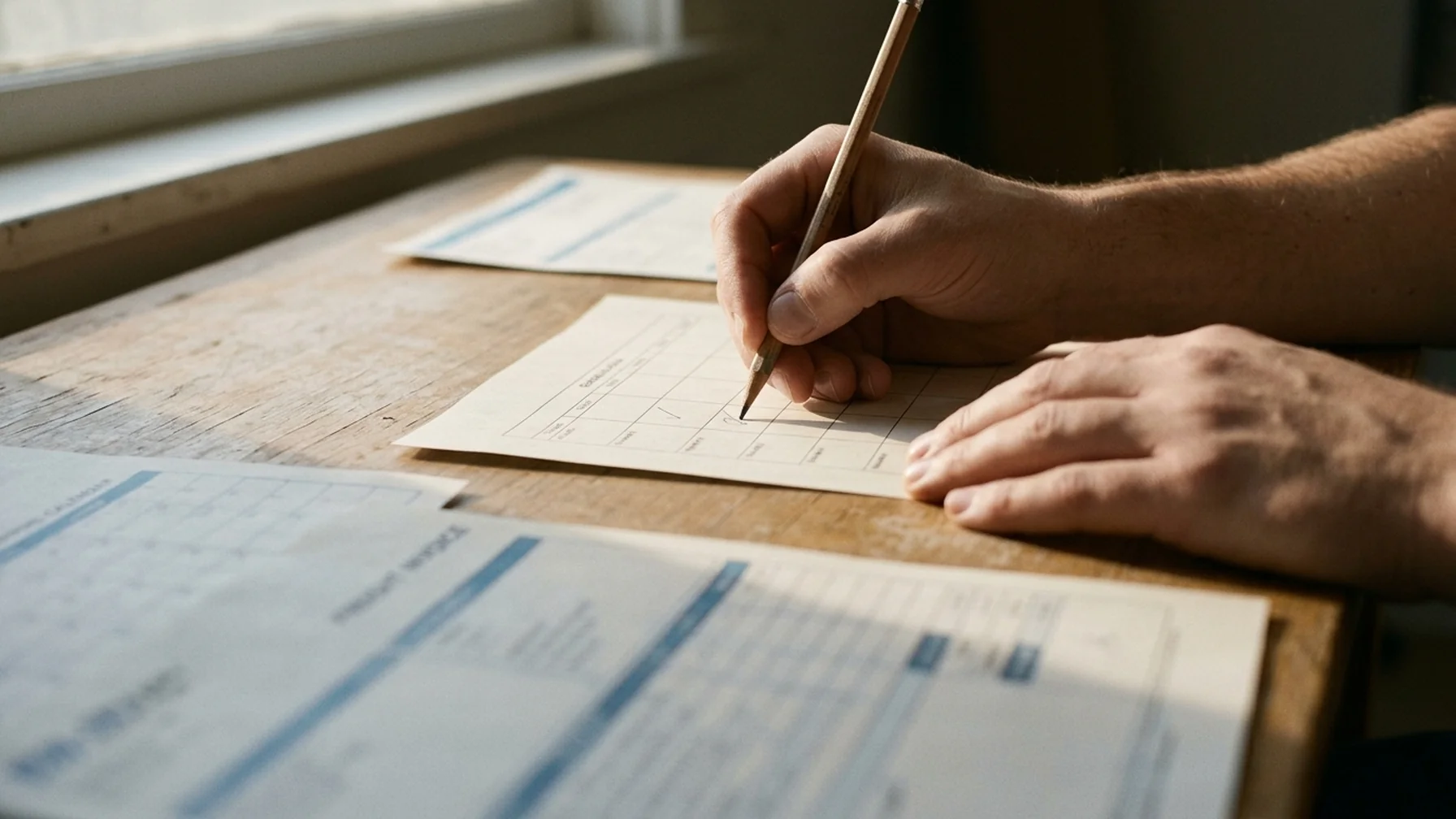 Exporter at a workbench comparing a printed payment schedule with shipping dates circled in pencil