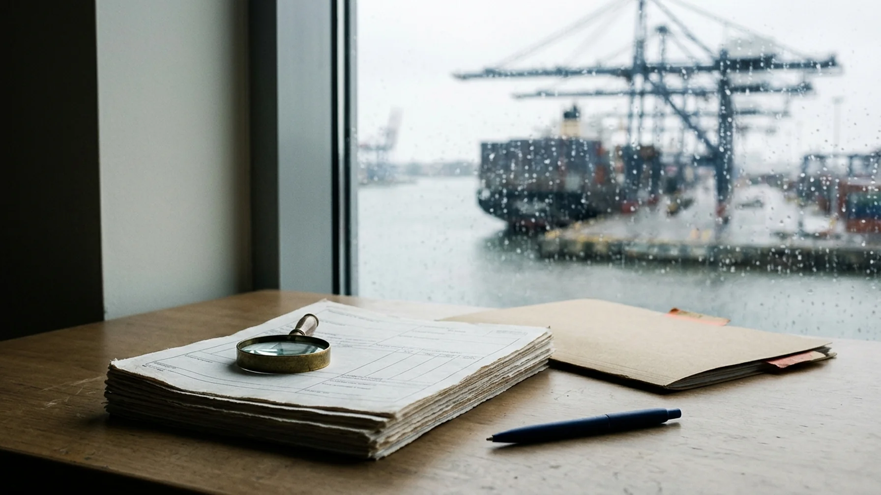 A shipping document set on a desk beside a magnifier and a bank correspondence folder, with a container vessel visible through the window behind